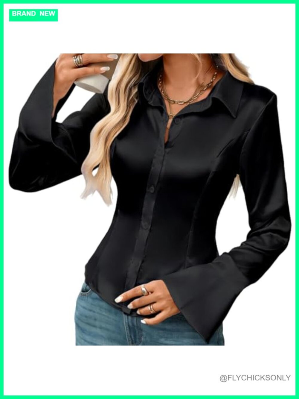 Satin V-Neck Button Down Blouse Long Sleeve Loose Fit Business Casual Work Top